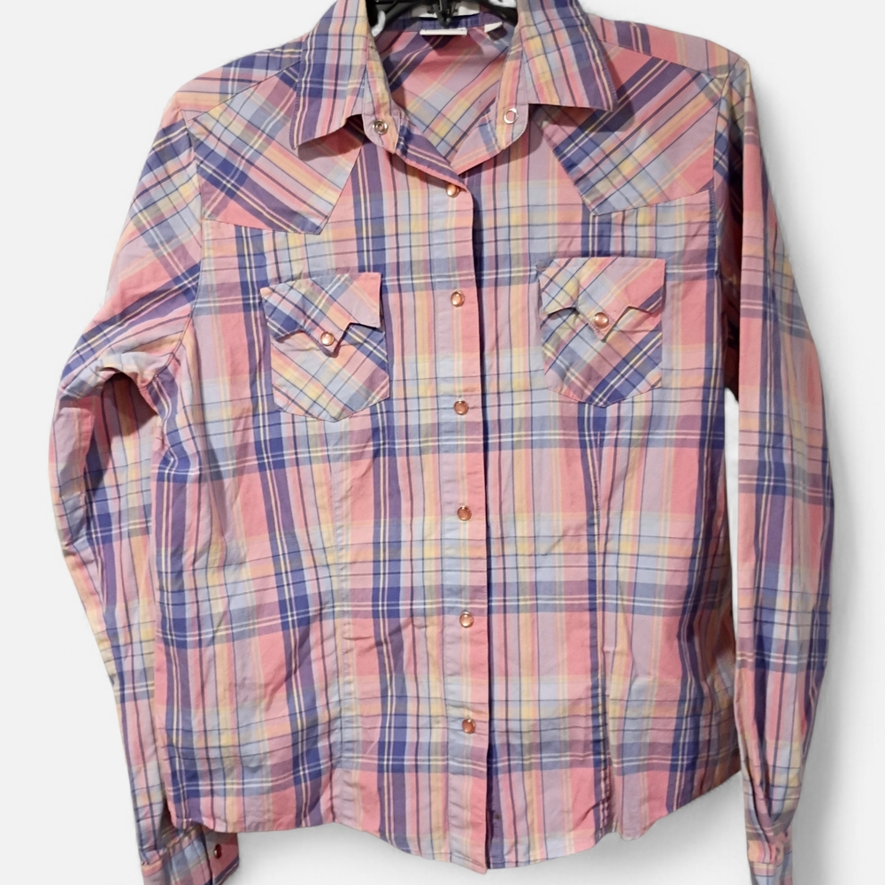 EUC Cruel Girl Shirt Women‎ L Pink Blue Yellow Plaid 100% Cotton Pink Pearl Snap